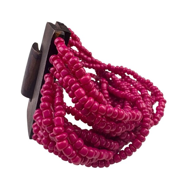 Beaded Multistrand Womens Bracelet Pink Glass Beads Wooden Clasp Handmade - Picture 3 of 5